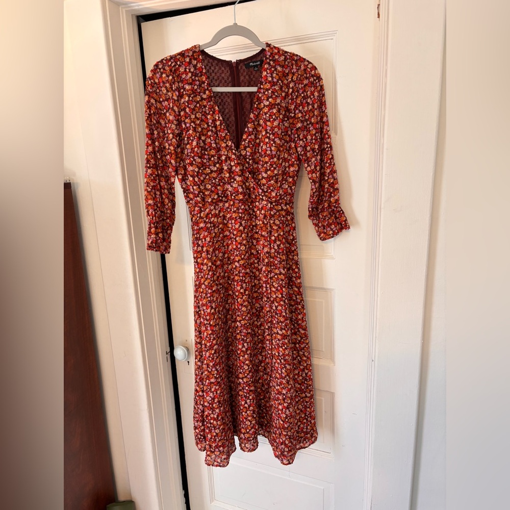 Madewell Rust Red Floral V-Neck Long Sleeve Midi Dress